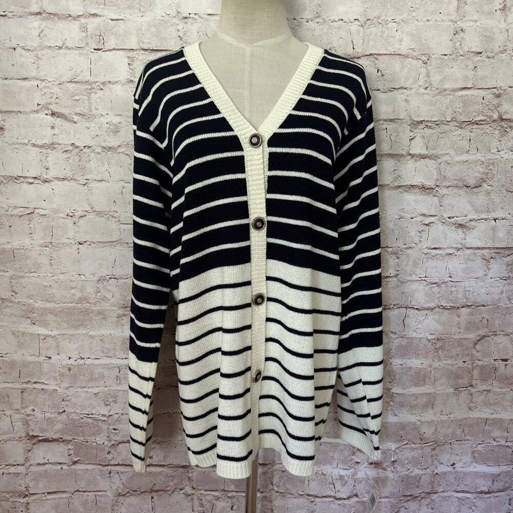 Vintage Alfred Dunner Ivory Black Striped Cardigan V Neck Size Petite Small USA